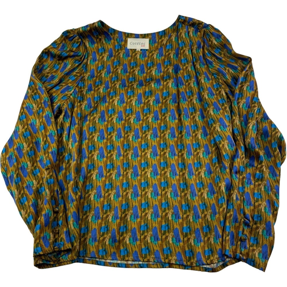 Cotelac Acote Brown w/ Blue Abstract‎ Design Long Sleeve Viscose Blouse Top Sz 2